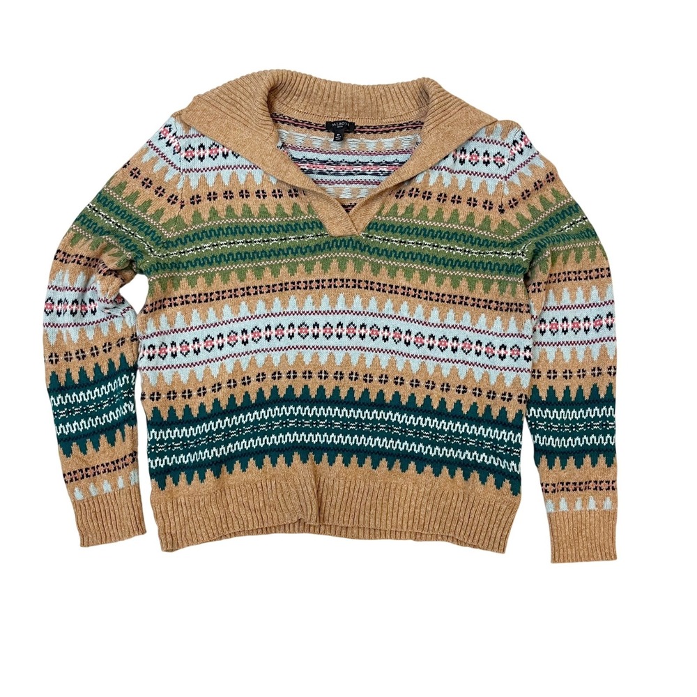 Talbots Fair Isle Johnny Collar Sweater Brown Green Cotton Wool Blend Size MP